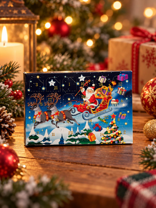 Adventskalender Mini Weihnachtsmann mit Rentierschlitten und Milchschokolade in festlicher Weihnachtsdekoration