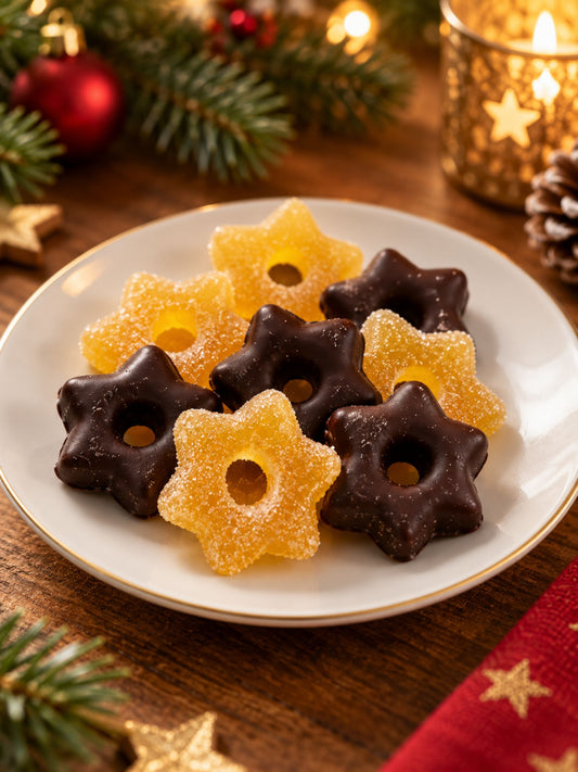 Ananas-Gelee-Sterne von Dreyer Confiserie gezuckert und schokoliert in festlicher Weihnachtsdekoration