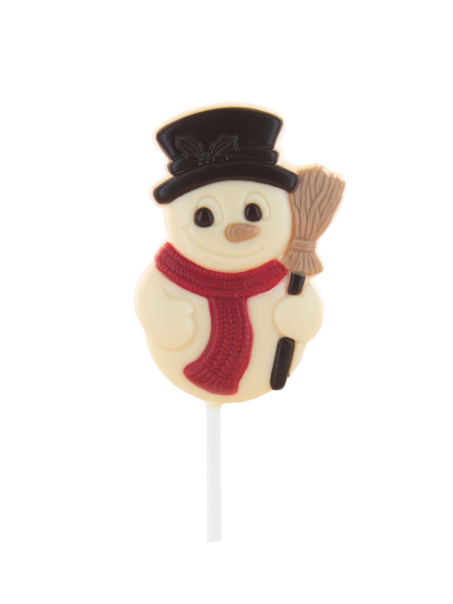 Belfine Lolli Schneemann Frosty 25 g, handgefertigter Schokoladenlolli aus weißer Schokolade mit bunter Dekoration, erhältlich in der Dreyer Confiserie in der Rattenfängerstadt Hameln.