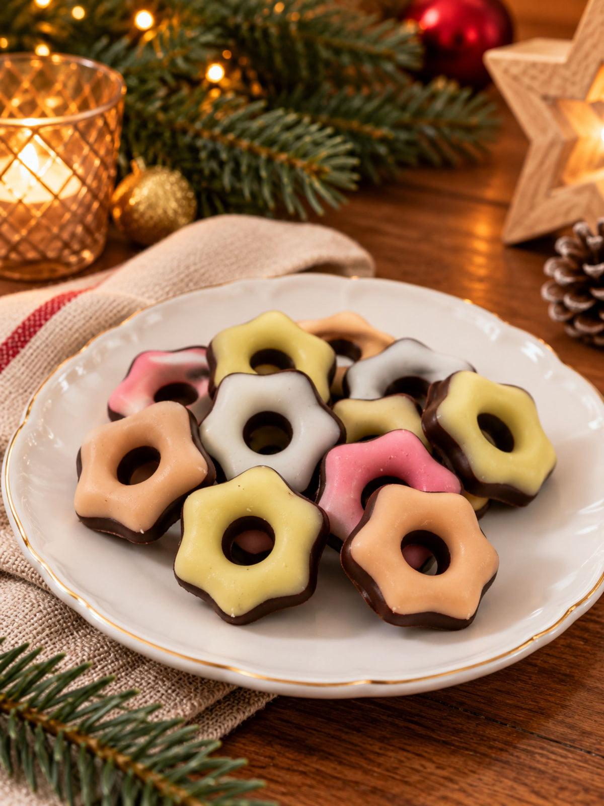 Bunte Fondant-Sterne mit Zartbitterschokolade von Dreyer Confiserie in festlicher Weihnachtsdekoration