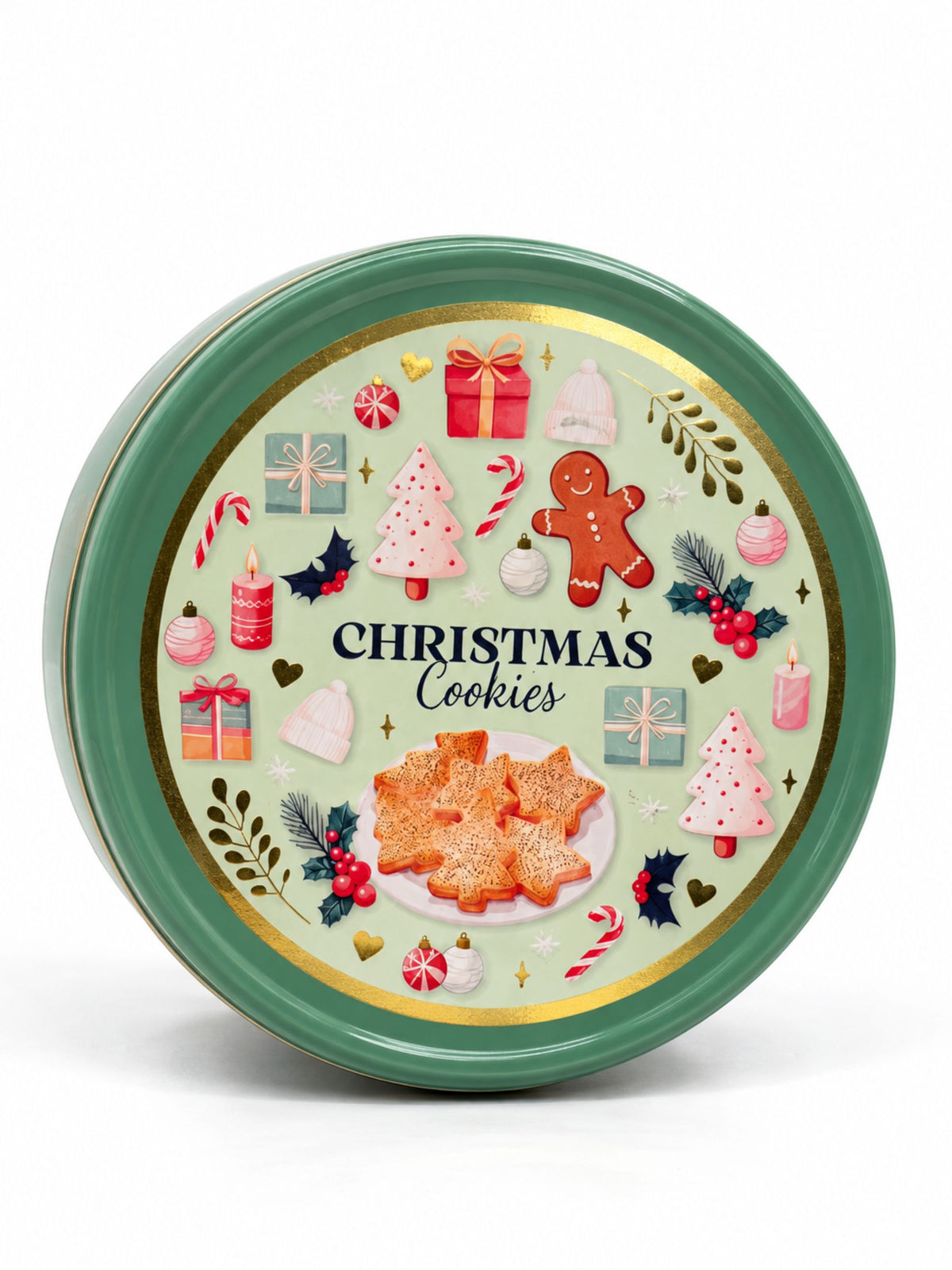 Butterkekse 340g von Becky’s in grüner Weihnachtsdose mit Christmas-Cookies-Motiv