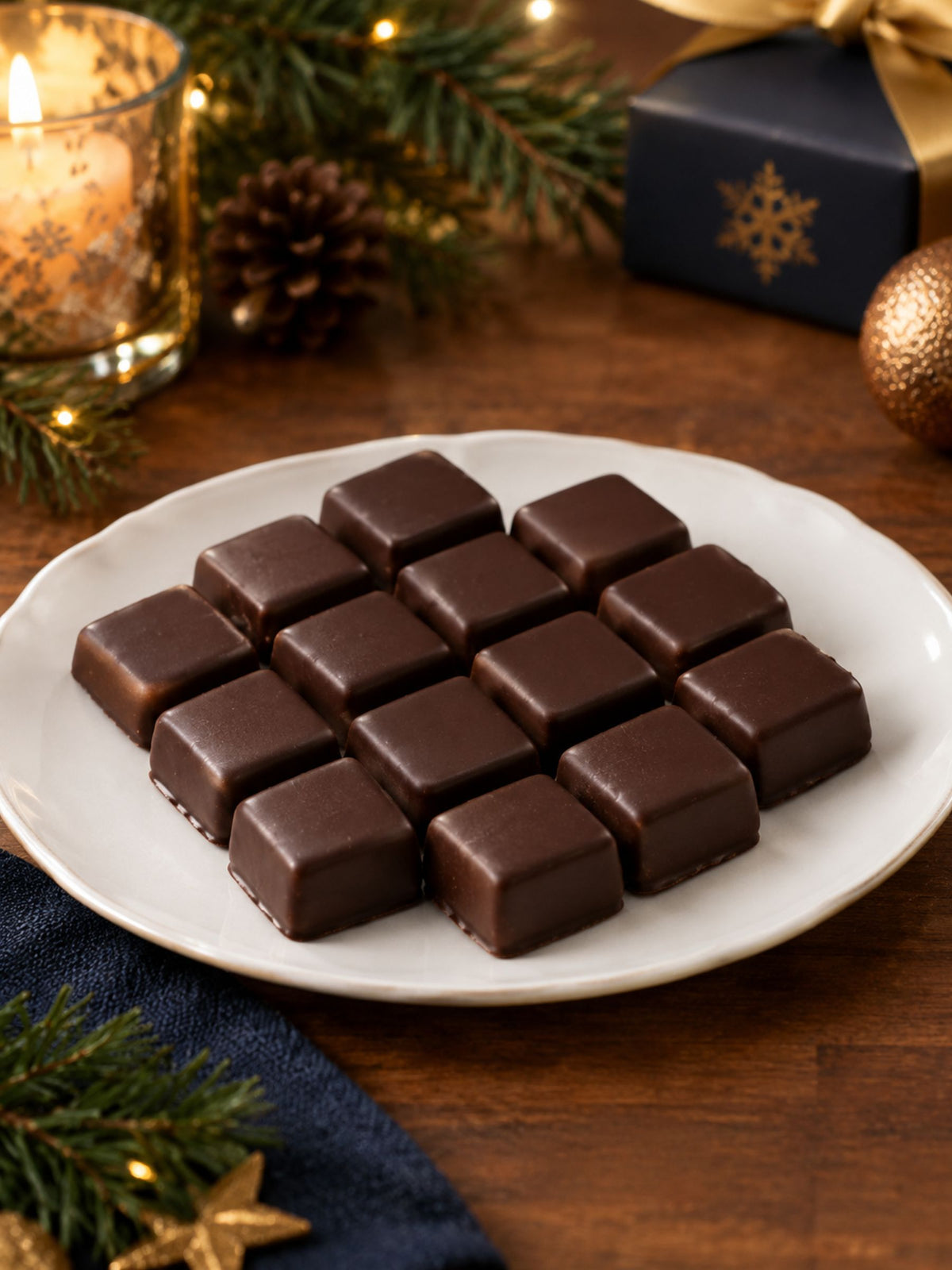 Dominosteine mit Zartbitterschokolade von Dreyer Confiserie in festlicher Weihnachtsdekoration