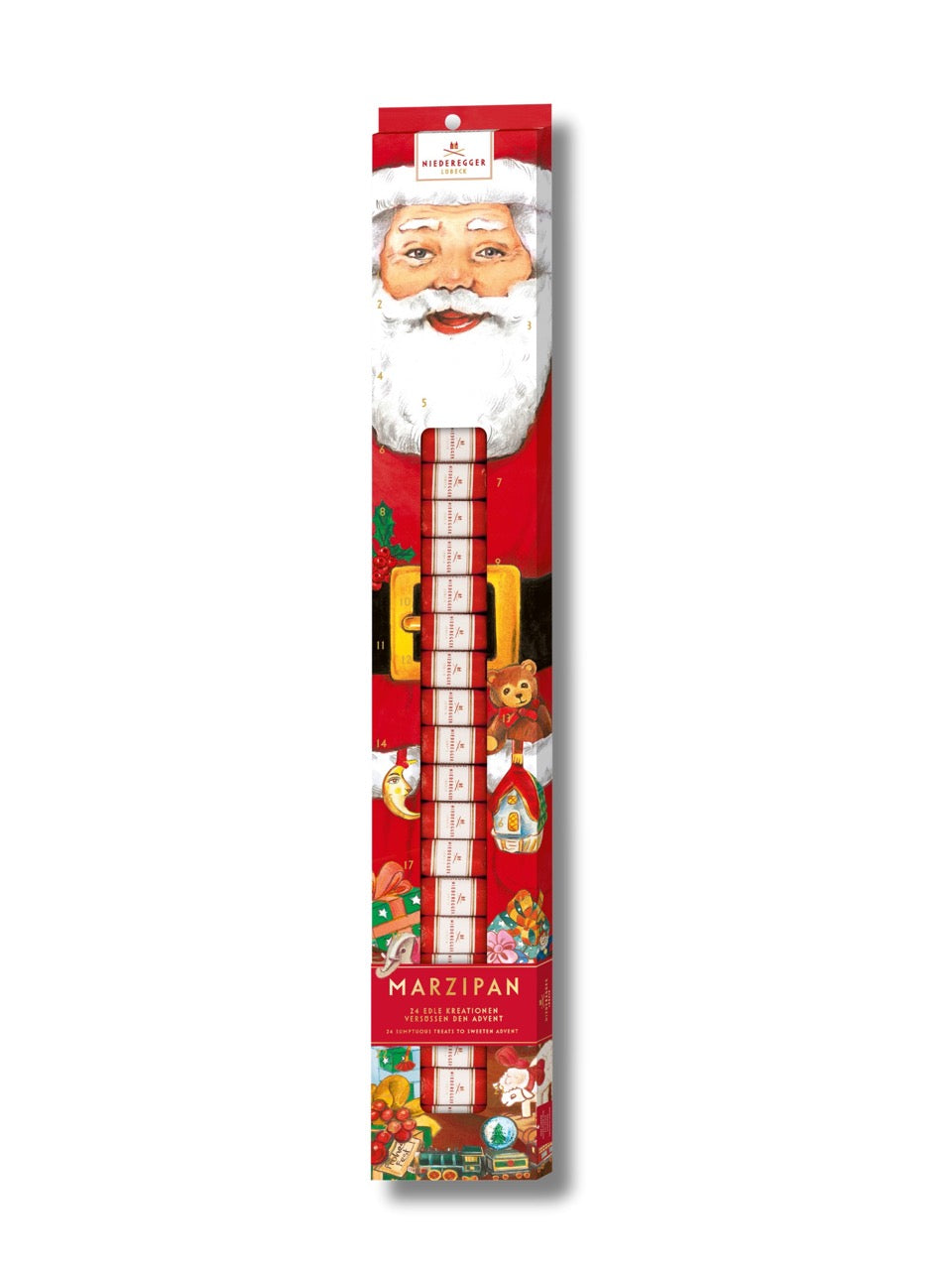 Niederegger Adventskalender Marzipan-Klassiker 300 g – Adventskalender mit 24 Marzipan-Pralinen in Zartbitter-Schokolade, erhältlich in der Dreyer Confiserie in der Rattenfängerstadt Hameln.