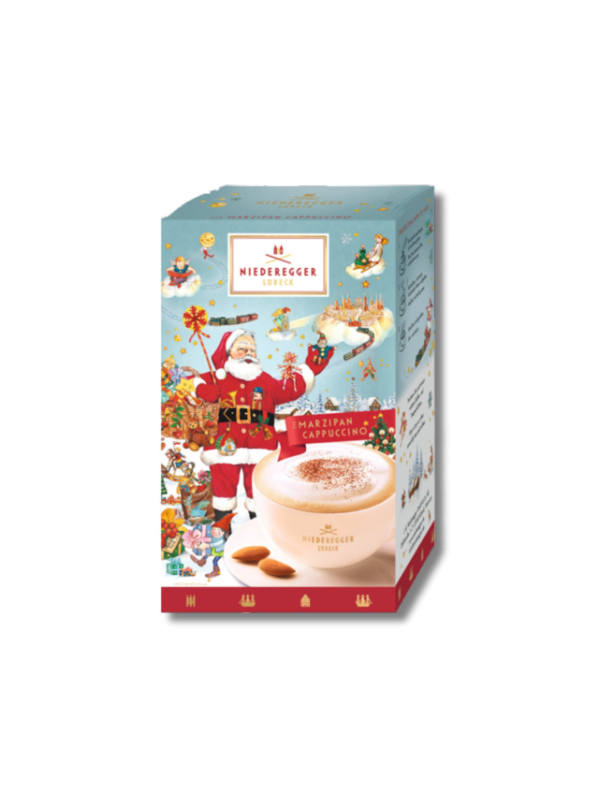 Alt-Text: Niederegger Marzipan Cappuccino Grasso Weihnachten 220 g – 10 Stick-Portionsbeutel festlicher Cappuccino mit feinem Marzipan-Aroma, cremiger Genuss zur Weihnachtszeit, erhältlich in der Dreyer Confiserie in der Rattenfängerstadt Hameln.