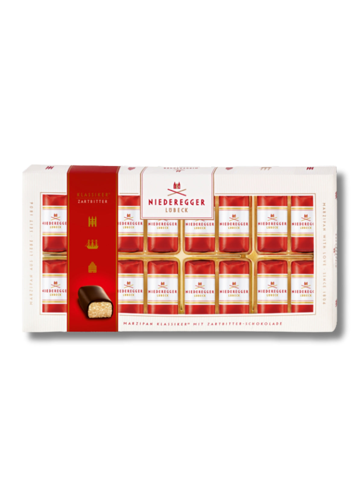 Niederegger Marzipan Klassiker 200 g – Pralinen aus feinem Marzipan in Zartbitter-Schokolade, erhältlich in der Dreyer Confiserie in der Rattenfängerstadt Hameln.
