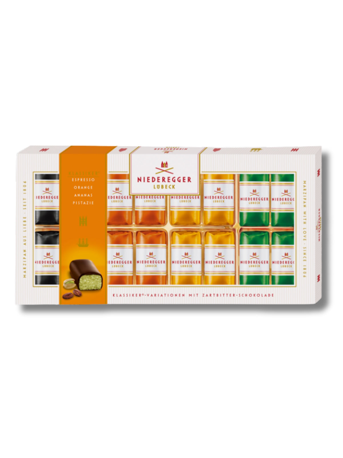 Niederegger Marzipan Klassiker-Variationen 200 g – Pralinen mit Zartbitter-Schokolade in den Sorten Pistazie, Orange, Ananas und Espresso, ideal als Geschenk und erhältlich in der Dreyer Confiserie in der Rattenfängerstadt Hameln.