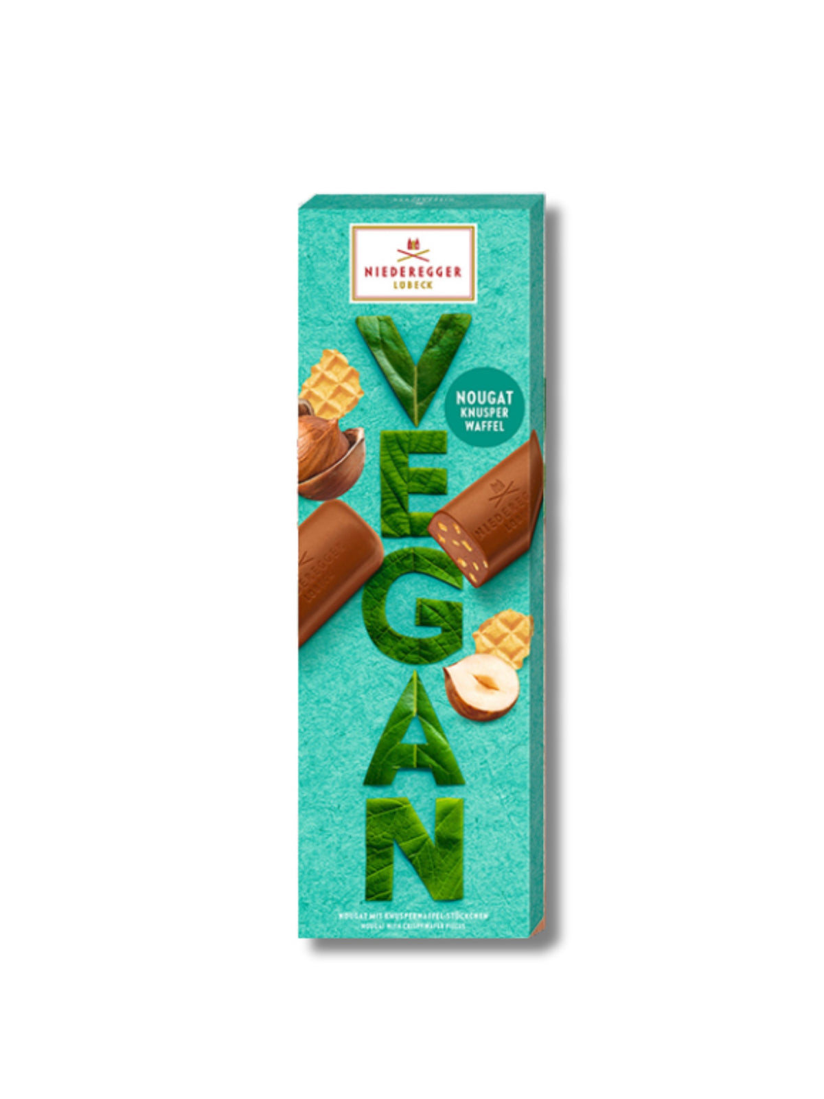 Niederegger Vegan Nougat-Knusperwaffel 100 g – vegane Pralinen mit nussigem Nougat und knusprigen Waffelstückchen, 8 Stück Genuss, erhältlich in der Dreyer Confiserie in der Rattenfängerstadt Hameln.