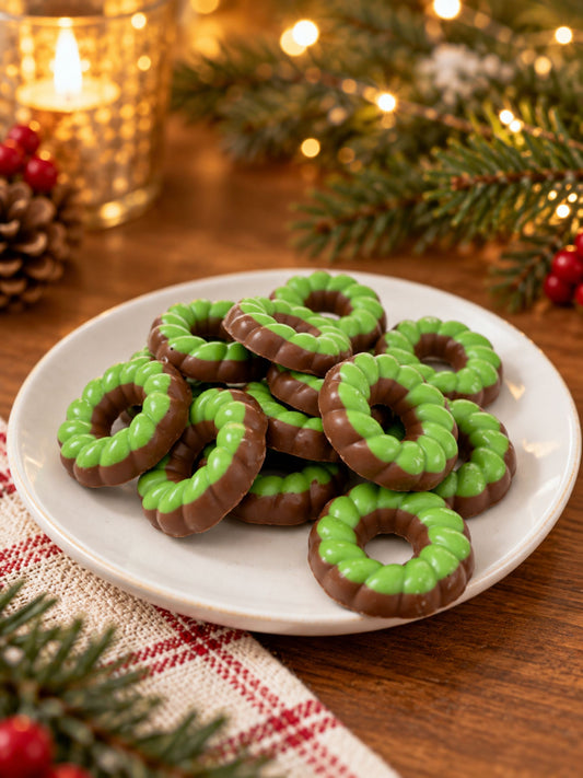 Grüne Schoko-Spritzringe aus Vollmilchschokolade 100g von Dreyer Confiserie vor weihnachtlichem Hintergrund