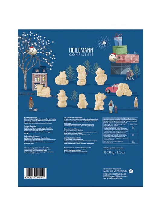 Rückseite und Inhalt von Heilemann Kinder-Adventskalender Weiße Schokolade 175 g – gefüllt mit 24 weihnachtlichen Figuren aus cremiger weißer Schokolade.