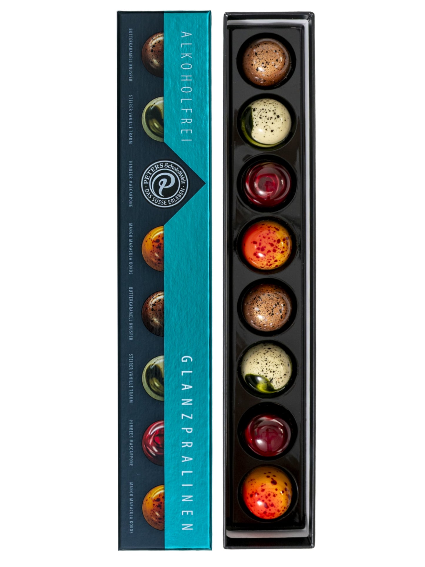 PETERS Glanzpralinen-Mischung ohne Alkohol 90 g – handgefertigte Premium-Pralinen mit fruchtigen und cremigen Füllungen, erhältlich in der Dreyer Confiserie in der Rattenfängerstadt Hameln.