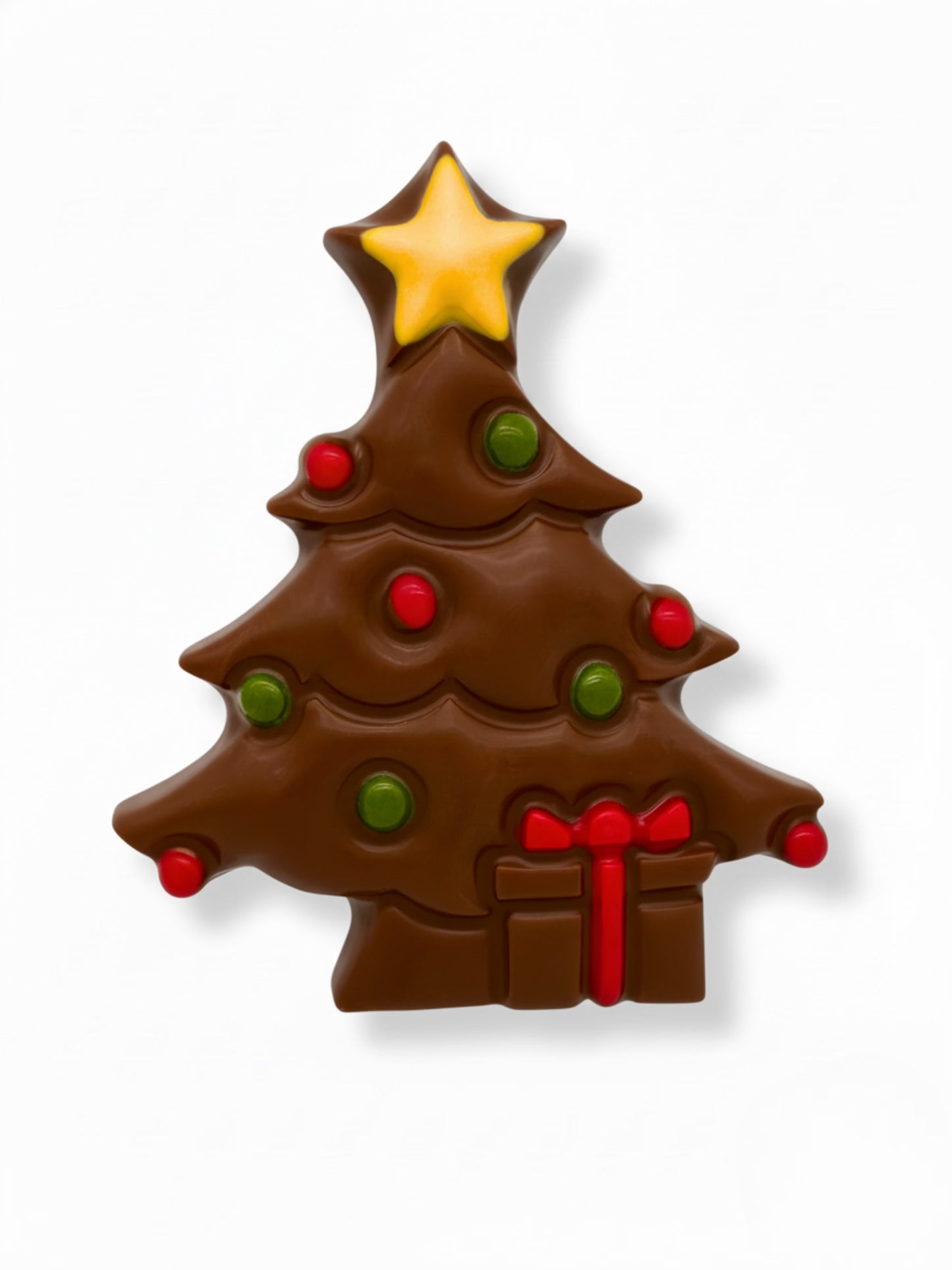 Schokoladentafel Weihnachtsbaum Vollmilch 150g von der von Ham Chocolaterie – festliche Vollmilchschokoladenfigur in Weihnachtsbaumform mit farbiger Dekormasse, erhältlich in der Dreyer Confiserie in der Rattenfängerstadt Hameln.