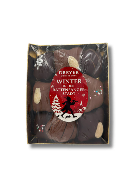 Verpackung im Style "Winter in der Rattenfängerstadt" für Confiserie Rabbel Honig-Lebkuchen Mischung 150 g erhältlich in der Dreyer Confiserie in Hameln.