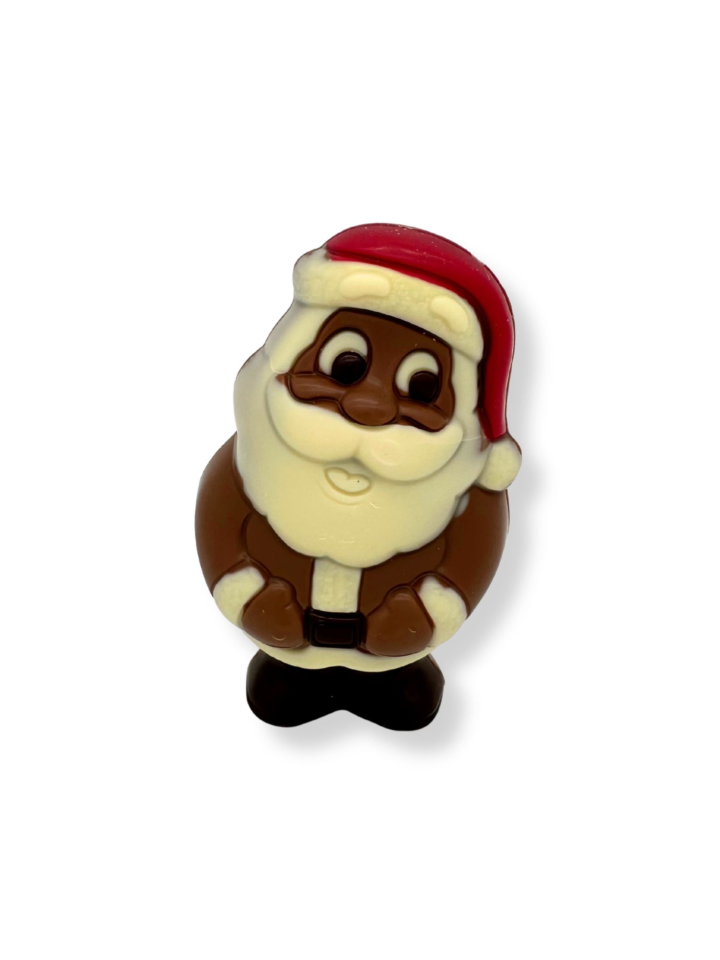 Weibler Weihnachtsmann Karl 75 g, handgefertigte Schokoladenfigur aus Edelvollmilchschokolade mit weißen und zartbitteren Details, erhältlich in der Dreyer Confiserie in der Rattenfängerstadt Hameln.