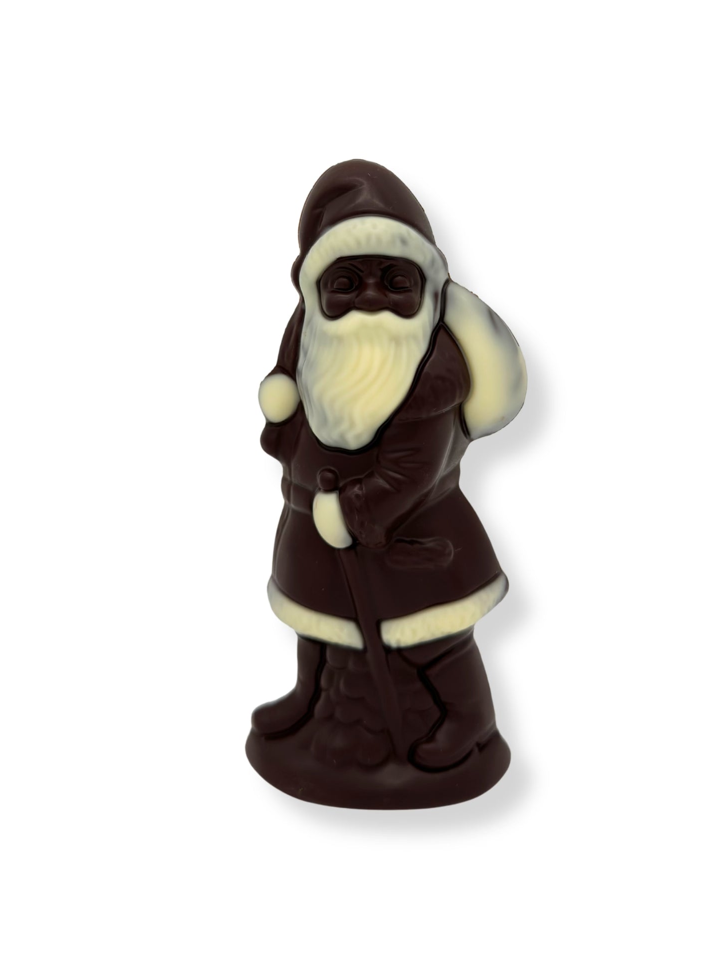 Weibler Weihnachtsmann Zartbitter 75 g, handgefertigte Schokoladenfigur aus edler Zartbitterschokolade mit weißen Schokoladendetails, erhältlich in der Dreyer Confiserie in der Rattenfängerstadt Hameln.