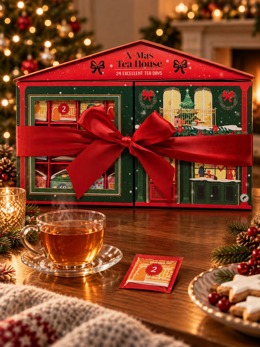 Rückseite des Becky’s X-Mas Tea House Tee-Adventskalenders mit sechs Teesorten und Zutaten