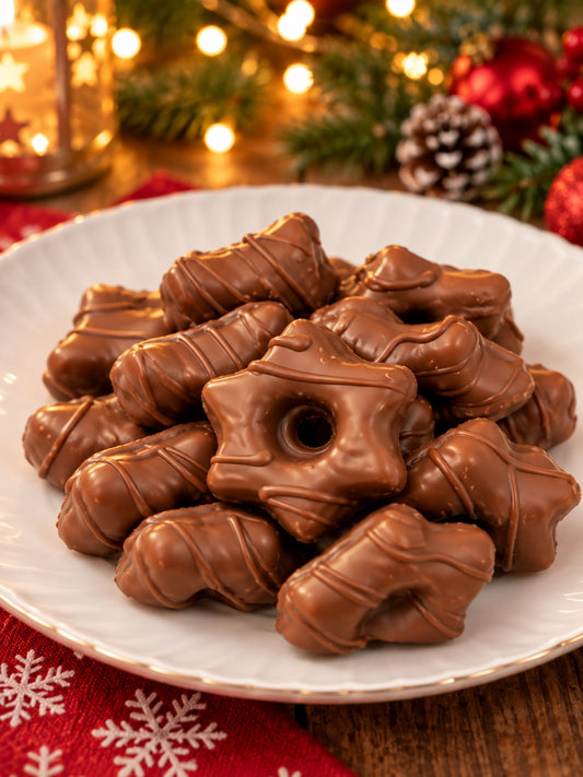 Zimt-Creme-Sterne mit Vollmilchschokolade von Dreyer Confiserie in festlicher Weihnachtsdekoration