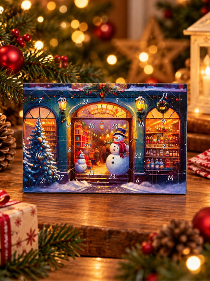 Adventskalender Mini Schneemann Weihnachtsladen mit Milchschokolade in festlicher Weihnachtsdekoration