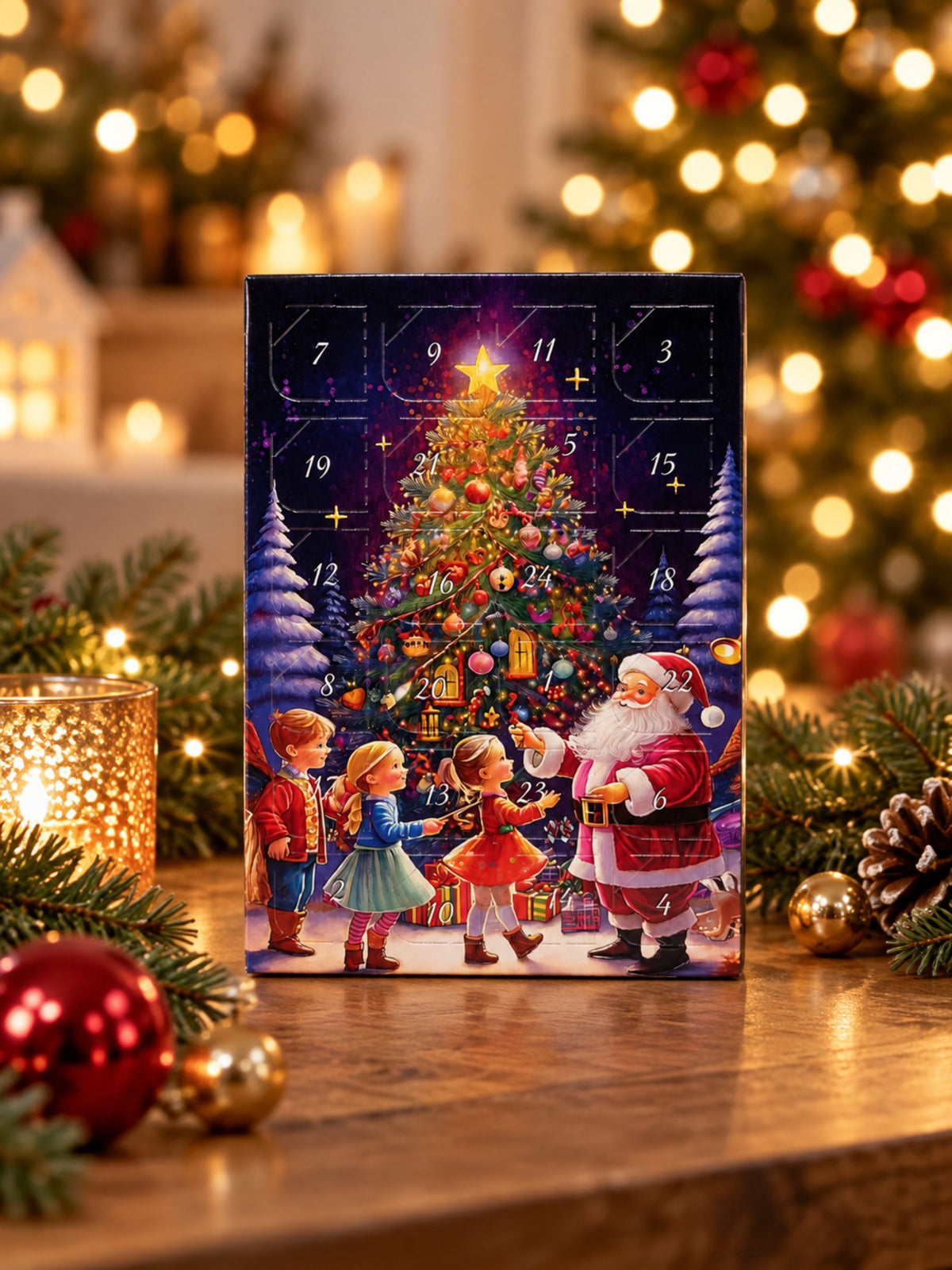 Adventskalender Mini Weihnachtsmann mit Kindern und Milchschokolade in festlicher Weihnachtsdekoration