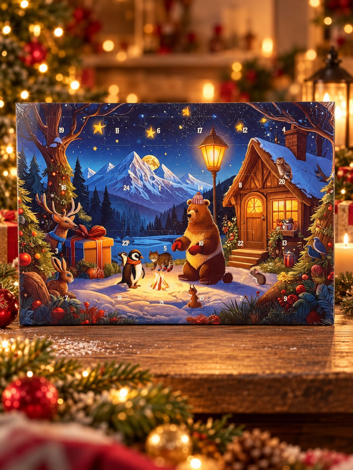 Adventskalender Winterwald A4 mit Milchschokolade und vielen Waldtieren in festlicher Weihnachtsdekoration