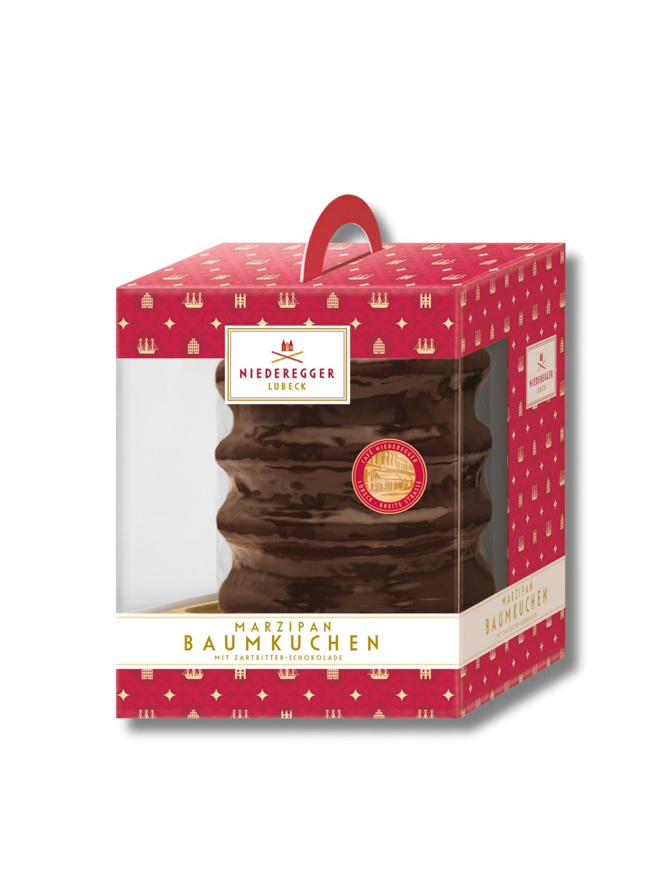 Niederegger Baumkuchen mit Zartbitter-Schokolade 300 g – traditioneller Baumkuchen mit edler Schokoladenhülle, erhältlich bei Dreyer Confiserie Hameln.