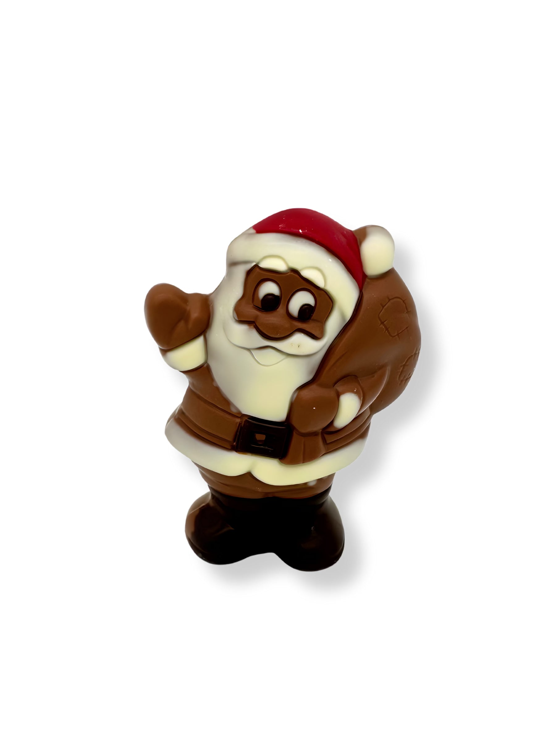 Schokoladen-Weihnachtsmann „Sam“ aus Vollmilchschokolade, detailreich dekoriert, 80 g – hochwertige Figur von Belfine, erhältlich in der Dreyer Confiserie in der Rattenfängerstadt Hameln.