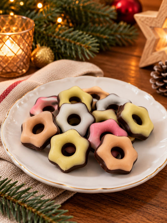 Bunte Fondant-Sterne mit Zartbitterschokolade von Dreyer Confiserie in festlicher Weihnachtsdekoration