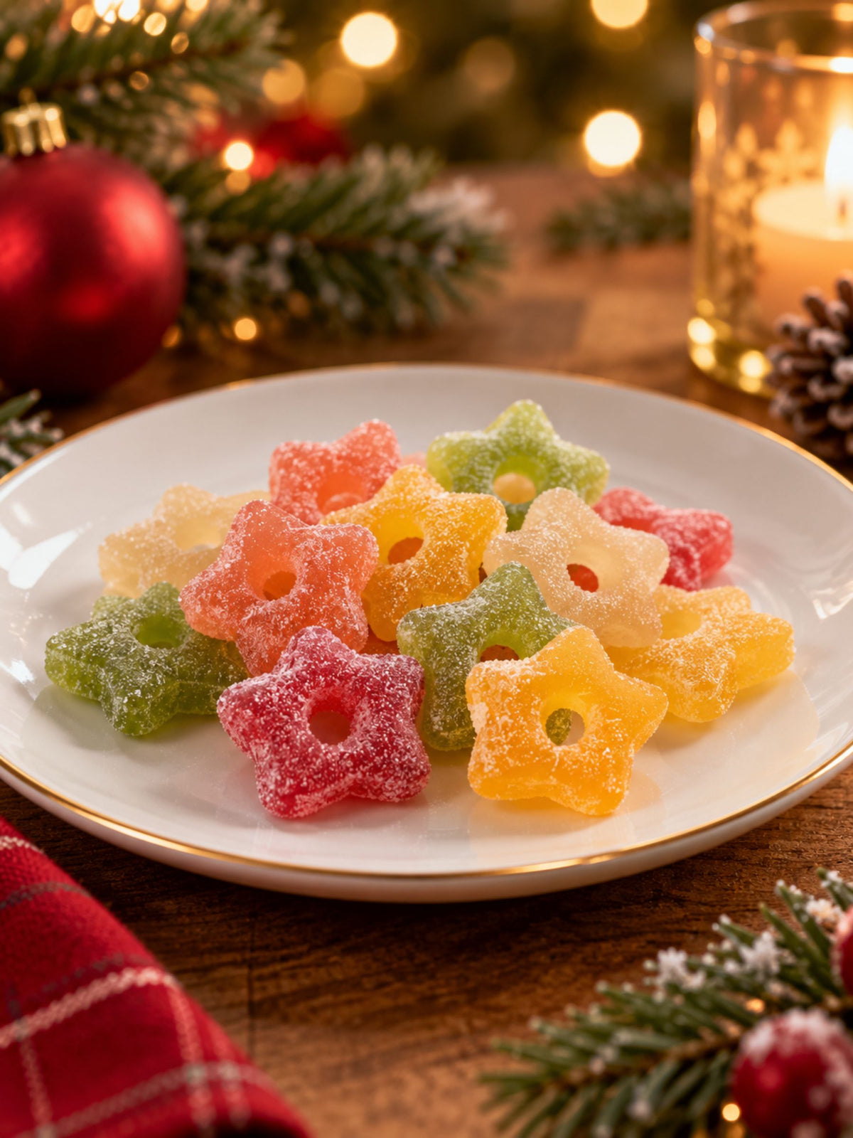 Bunte gezuckerte Gelee-Sterne von Dreyer Confiserie in festlicher Weihnachtsdekoration