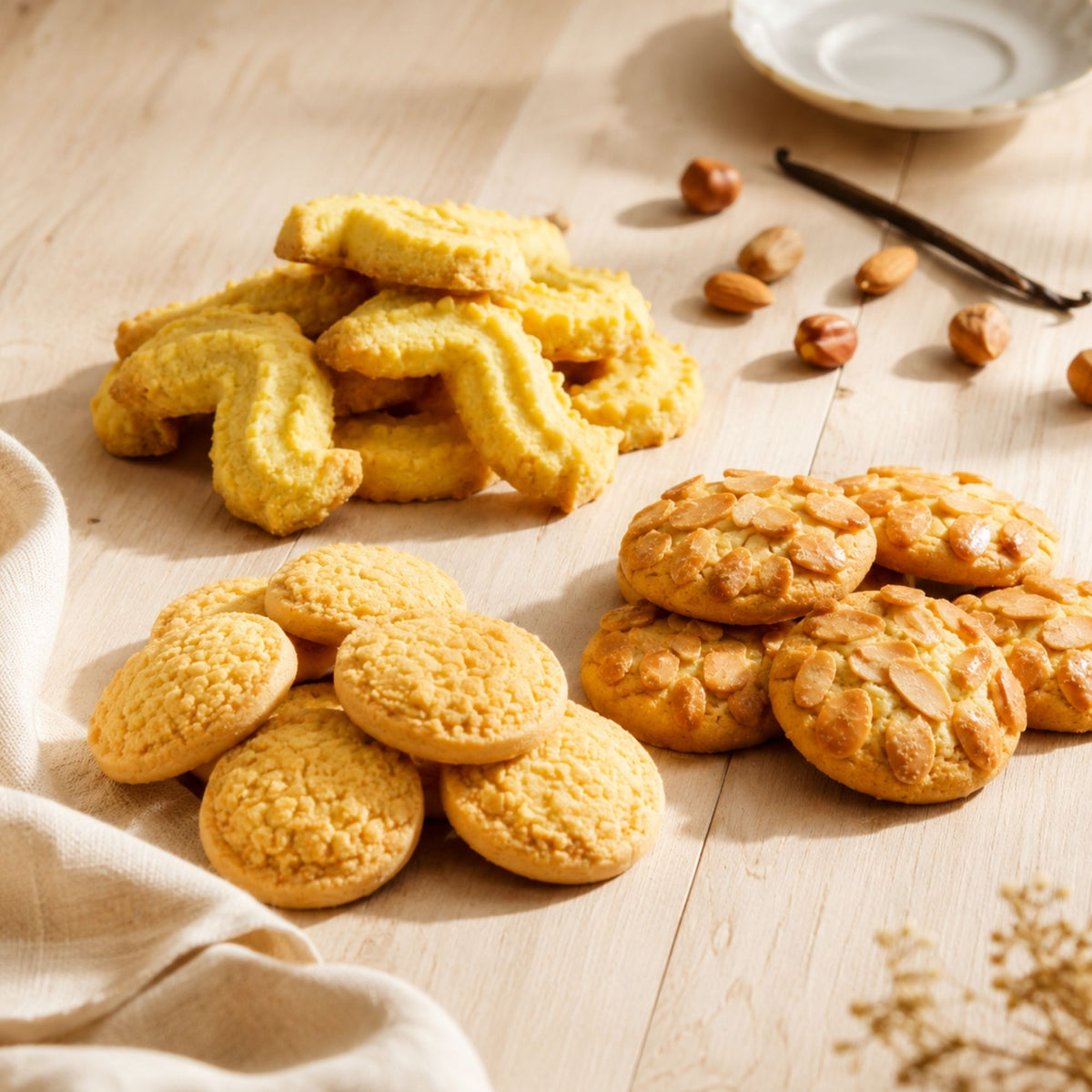 Feines Buttergebäck und Mürbegebäck auf Holztisch mit Mandeln und Vanilleschote