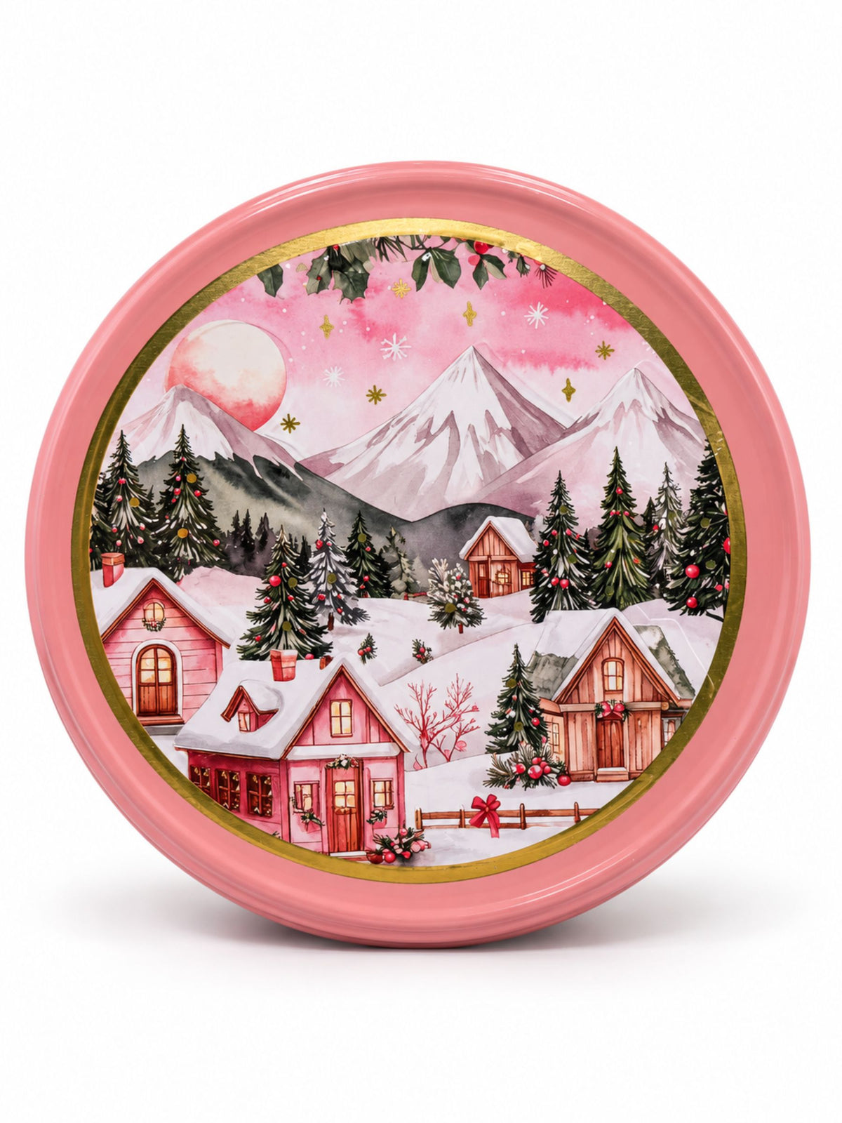 Butterkekse 340g von Becky’s in runder Weihnachtsdose mit verschneitem Winterdorf