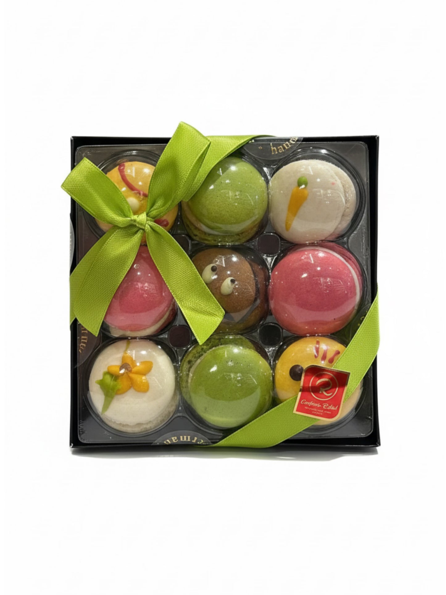 Confiserie Rabbel Macarons Ostern 90g Präsentpackung mit bunten Mandel-Macarons erhältlich in der Dreyer Confiserie Hameln