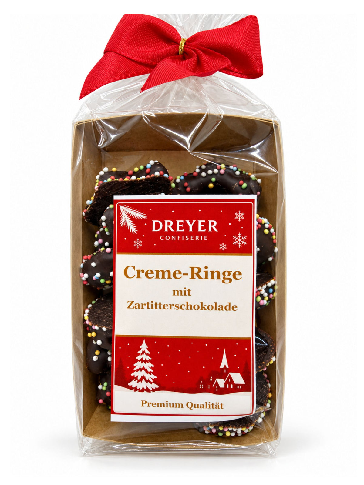 Creme-Ringe mit Zartbitterschokolade 125g von Dreyer Confiserie mit bunten Zuckerperlen

