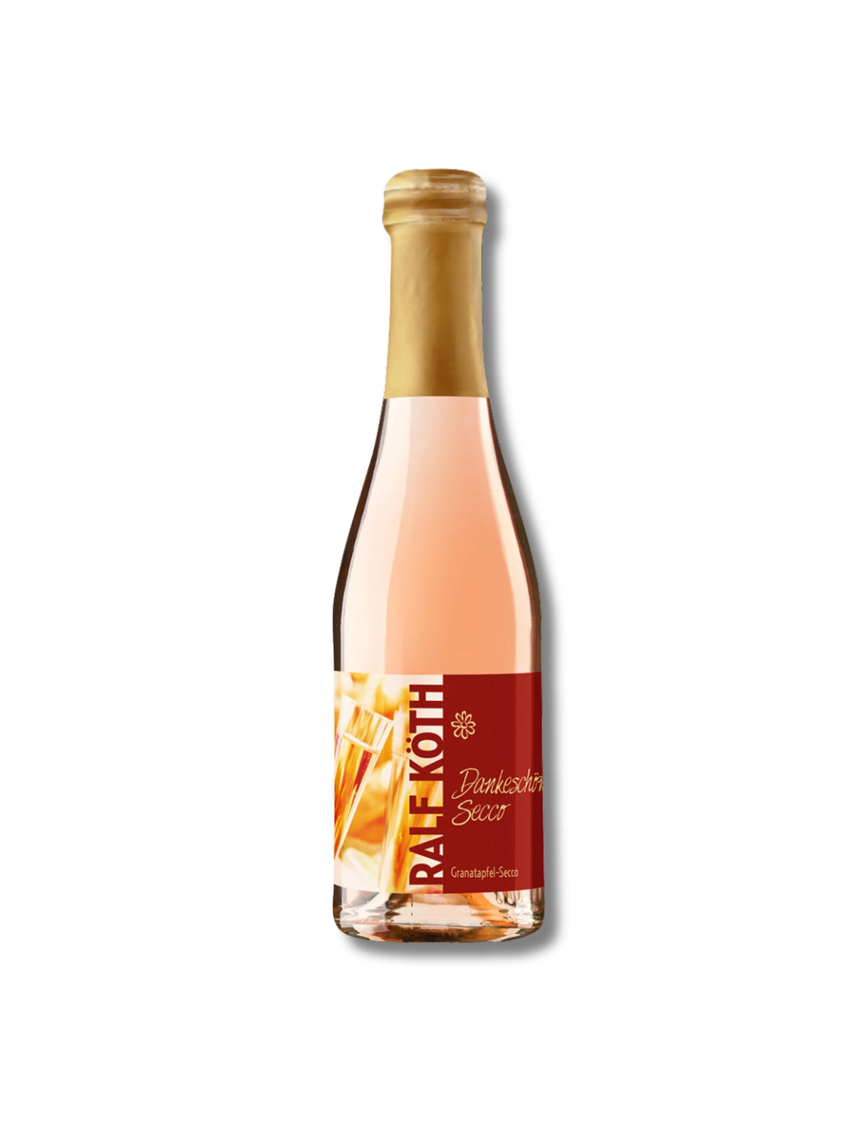 Geschenk-Piccolo „Dankeschön“ 0,2 l – Granatapfel-Secco von Wein & Secco Köth in edler Verpackung, erhältlich in der Dreyer Confiserie in Hameln.