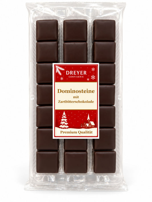 Dominosteine mit Zartbitterschokolade 250g von Dreyer Confiserie in weihnachtlicher Verpackung