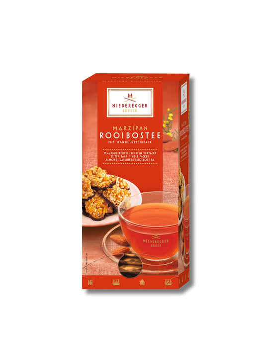 J.G.N. Marzipan Rooibos-Tee 43,75 g – aromatisierter Rooibos-Tee mit Mandel-, Marzipan- und Sahnearoma, 25 Beutel für sanften Teegenuss ohne Koffein, erhältlich in der Dreyer Confiserie in der Rattenfängerstadt Hameln.