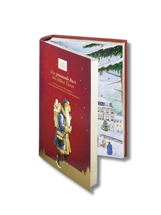 Lauensteiner Adventskalender „Buch“ 345 g – exklusiver Pralinen-Adventskalender in Buchform mit 24 handgefertigten Trüffeln und Pralinen wie Marc de Champagne, Himbeergeist, Spekulatius-Nougat und Zimt-Mond, erhältlich in der Dreyer Confiserie in der Rattenfängerstadt Hameln.