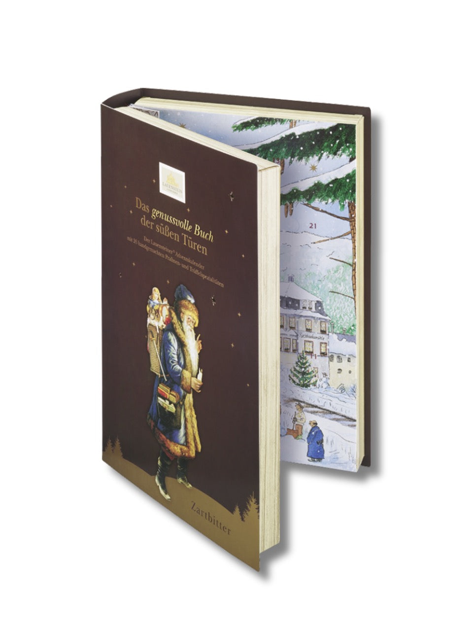 Lauensteiner Adventskalender „Buch“ Zartbitter 340 g – eleganter Adventskalender in Buchform mit 24 edlen Pralinen und Trüffeln aus dunkler Schokolade, u. a. mit Scotch-Whisky-, Salz-Butter-Karamell- und Prosecco-Trüffel, erhältlich in der Dreyer Confiserie in der Rattenfängerstadt Hameln.