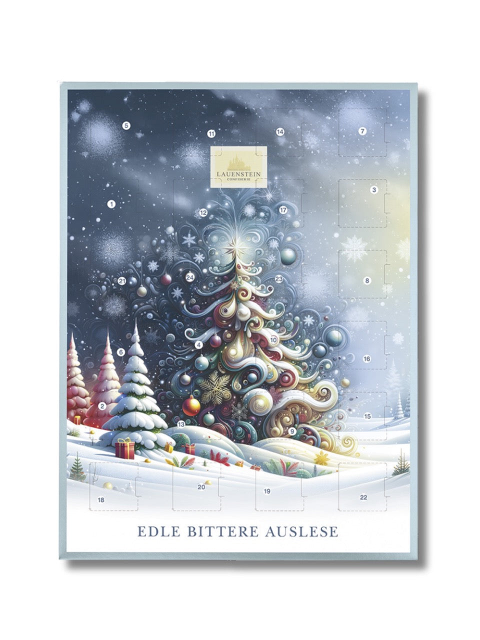Lauensteiner Adventskalender „Weihnachtsbaum“ Zartbitter 300 g – eleganter Adventskalender mit 24 edlen Pralinen und Trüffeln aus dunkler Schokolade, u. a. mit Scotch-Whisky-, Himbeer-Waldfrucht- und Marc de Champagne-Trüffel, erhältlich in der Dreyer Confiserie in der Rattenfängerstadt Hameln.