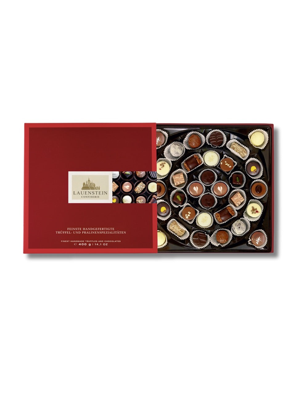 Lauensteiner Trüffel- und Pralinen-Auslese 400 g – elegante Mischung klassischer Pralinen und Trüffel wie Vanille-Trüffel, Gin-Lemon-Trüffel, Pistazien-Marzipan-Praline und Schwarzwälder-Kirsch-Trüffel, erhältlich in der Dreyer Confiserie in der Rattenfängerstadt Hameln.