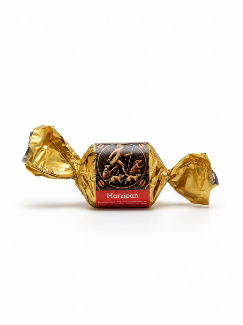 Marzipan Praline „Rattenfänger von Hameln“ 25 g – feine Marzipanpraline mit Zartbitterschokoladenüberzug, ohne Alkohol, erhältlich in der Dreyer Confiserie in der Rattenfängerstadt Hameln.