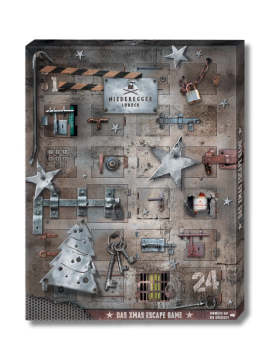 Niederegger Adventskalender Escape Männersache 300 g – Adventskalender mit 24 Pralinen und spannendem Rätselabenteuer, erhältlich in der Dreyer Confiserie in der Rattenfängerstadt Hameln.