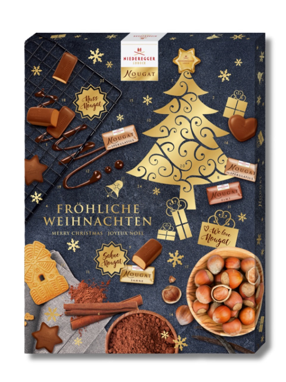 Niederegger Adventskalender Nougat 500 g – Adventskalender mit 38 Nougat-Pralinen in Vollmilch-Schokolade, erhältlich in der Dreyer Confiserie in der Rattenfängerstadt Hameln.