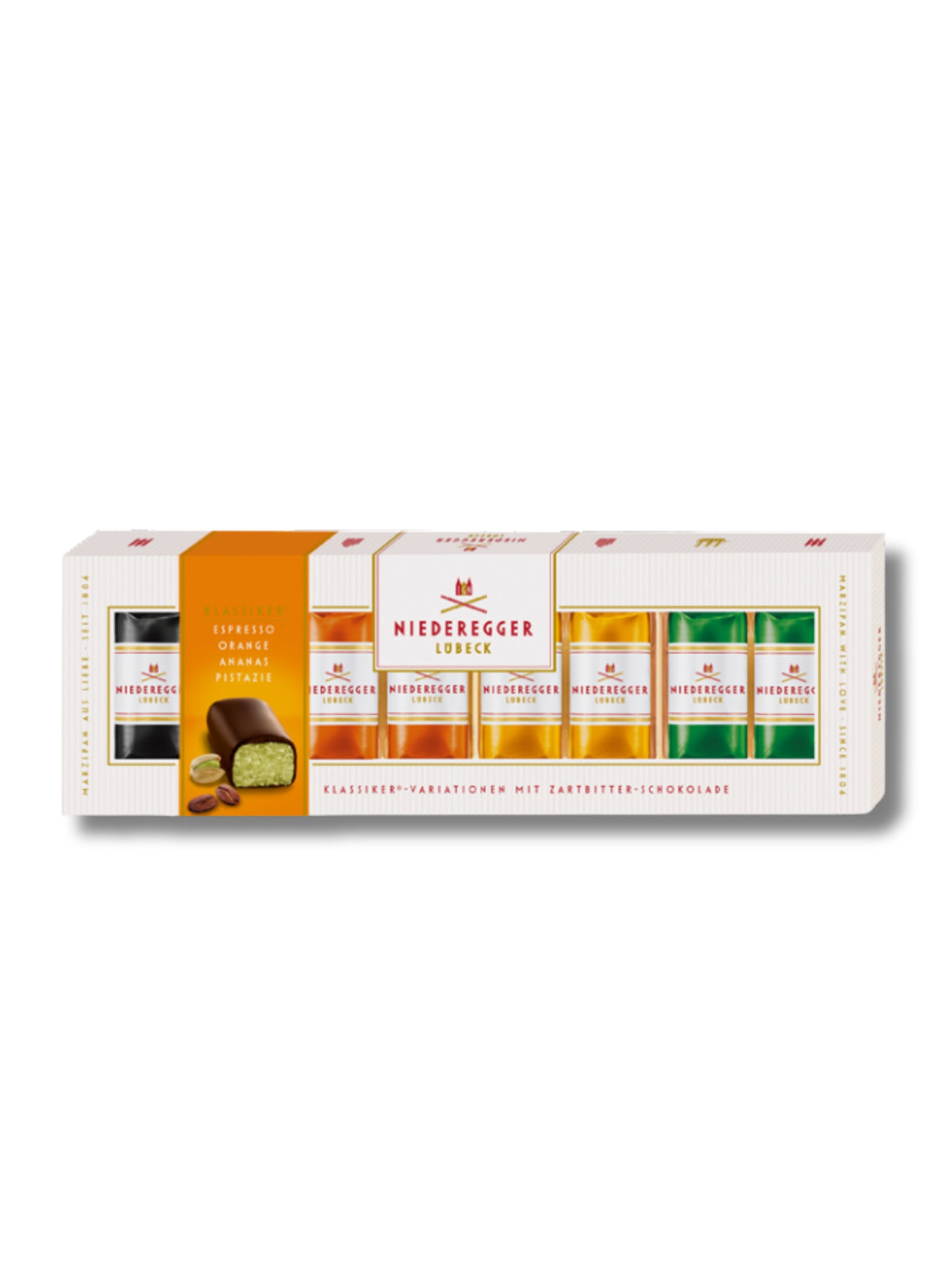 Niederegger Marzipan Klassiker-Variationen 100 g – Pralinen mit Zartbitter-Schokolade in den Sorten Pistazie, Orange, Ananas und Espresso, erhältlich in der Dreyer Confiserie in der Rattenfängerstadt Hameln.