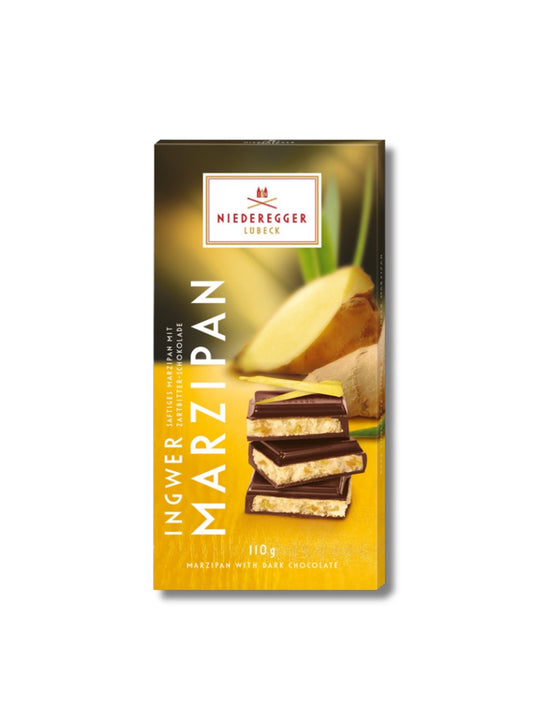 Niederegger Marzipan Tafel Schokolade Ingwer Zartbitter 110 g – Zartbitter-Schokolade gefüllt mit Marzipan und Ingwer-Note, erhältlich in der Dreyer Confiserie in der Rattenfängerstadt Hameln.