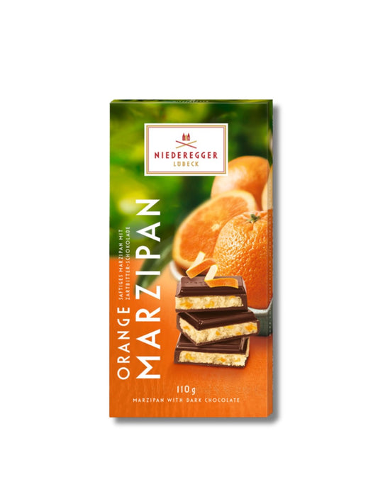 Niederegger Marzipan Tafel Schokolade Orange 110 g – Zartbitter-Schokolade gefüllt mit Marzipan und fruchtiger Orangen-Note, erhältlich in der Dreyer Confiserie in der Rattenfängerstadt Hameln.