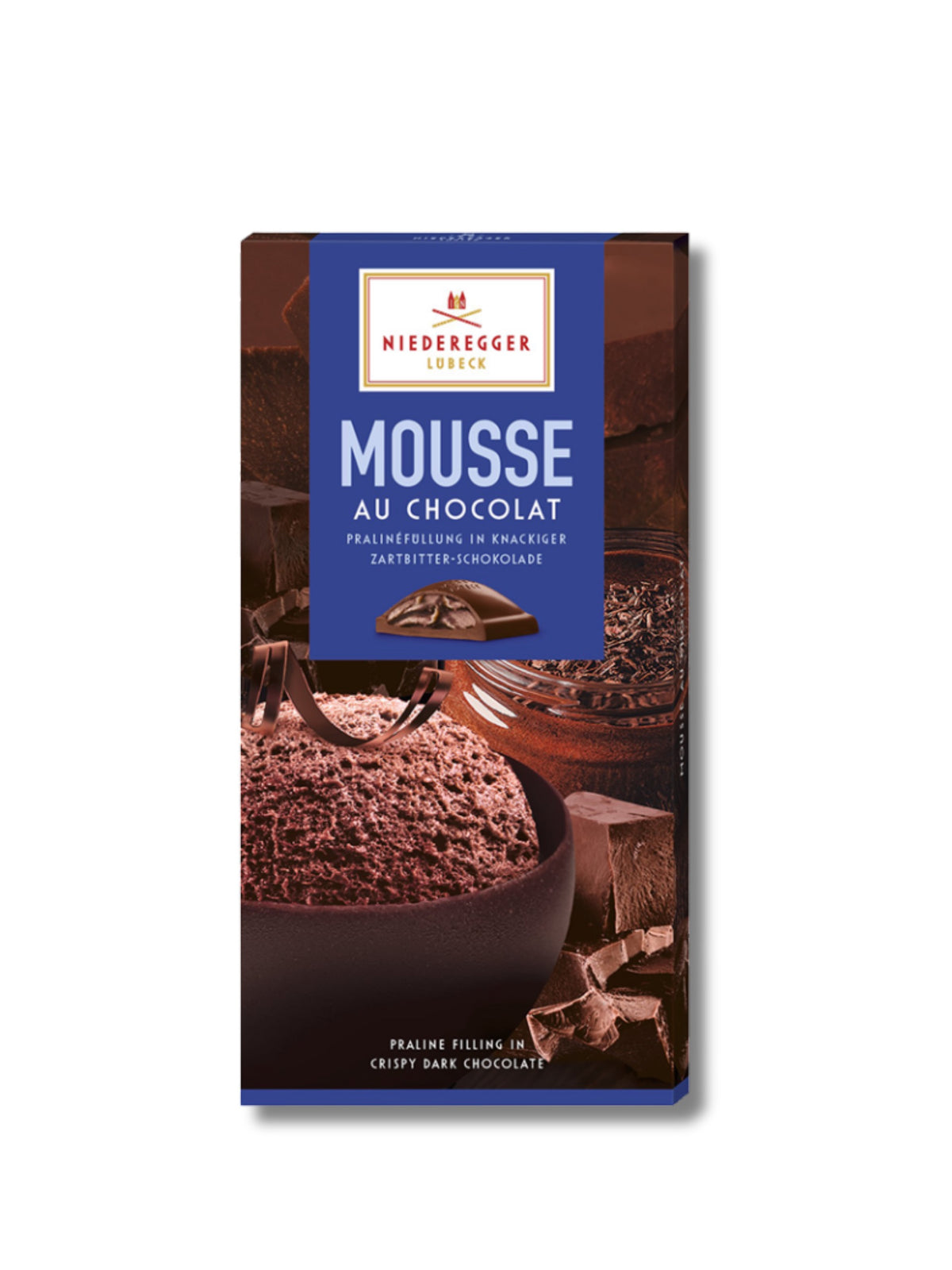 Niederegger Pralinen Tafel Mousse au Chocolat 100 g – Zartbitter-Schokolade mit feiner Mousse-au-Chocolat-Füllung, edler Genussmoment, erhältlich in der Dreyer Confiserie in der Rattenfängerstadt Hameln.