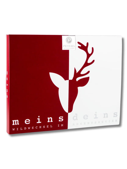 Vorderseite ungeöffnet des PETERS Adventskalenders „Meins & Deins“ 290 g – Pärchen-Adventskalender mit 48 Mini-Pralinen und Schokoladenfiguren.