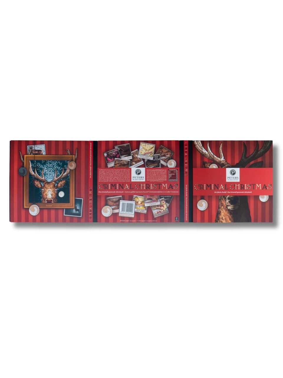 Rückseite des PETERS Criminal Christmas Adventskalenders „Der falsche Rudolf“ 255 g – Übersicht der Zutaten, Nährwerte und Pralinen-Sorten.