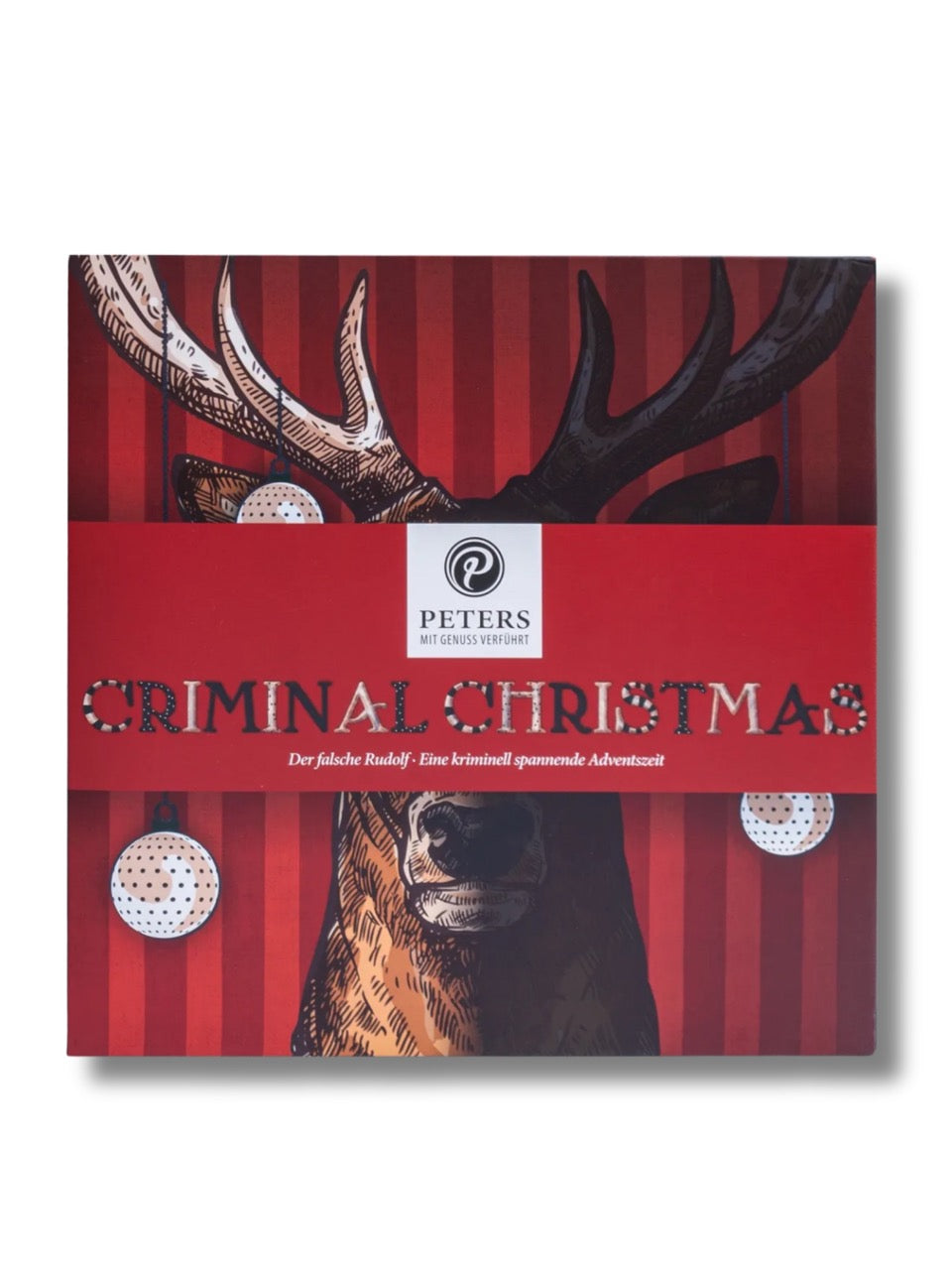 Vorderseite des PETERS Criminal Christmas Adventskalenders „Der falsche Rudolf“ 255 g – Krimi-Adventskalender mit 24 Kapiteln und Pecarée-Trüffeltafeln.