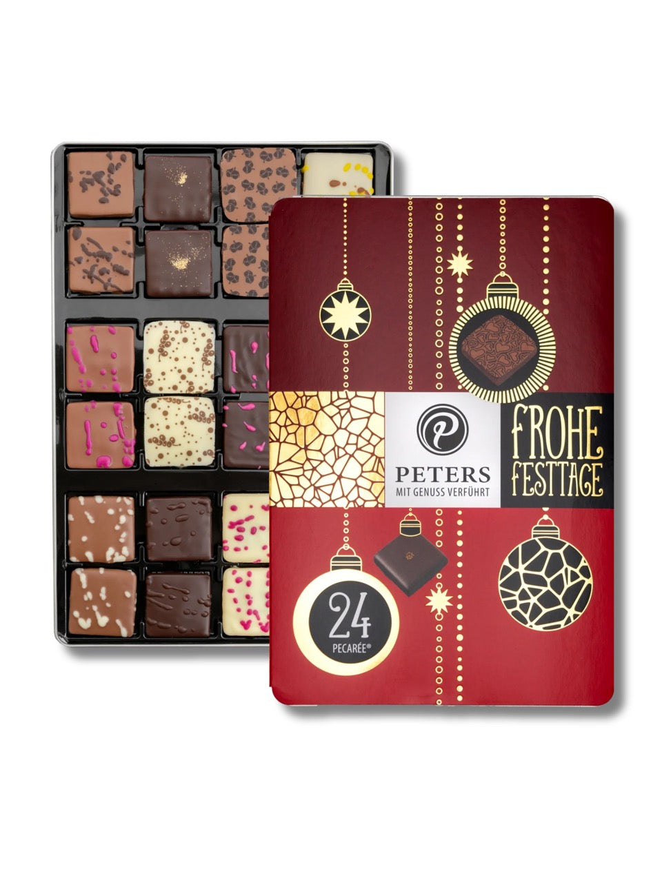 Frohe Festtage 24er Pecarée ®-Mischung 255 g von Peters Pralinen – edle Metalldose mit 24 Trüffeltäfelchen in 12 Sorten wie Cassis-Marc de Champagne, Cappuccino, Prosecco-Himbeere und Macadamia-Creme, erhältlich in der Dreyer Confiserie in der Rattenfängerstadt Hameln.
