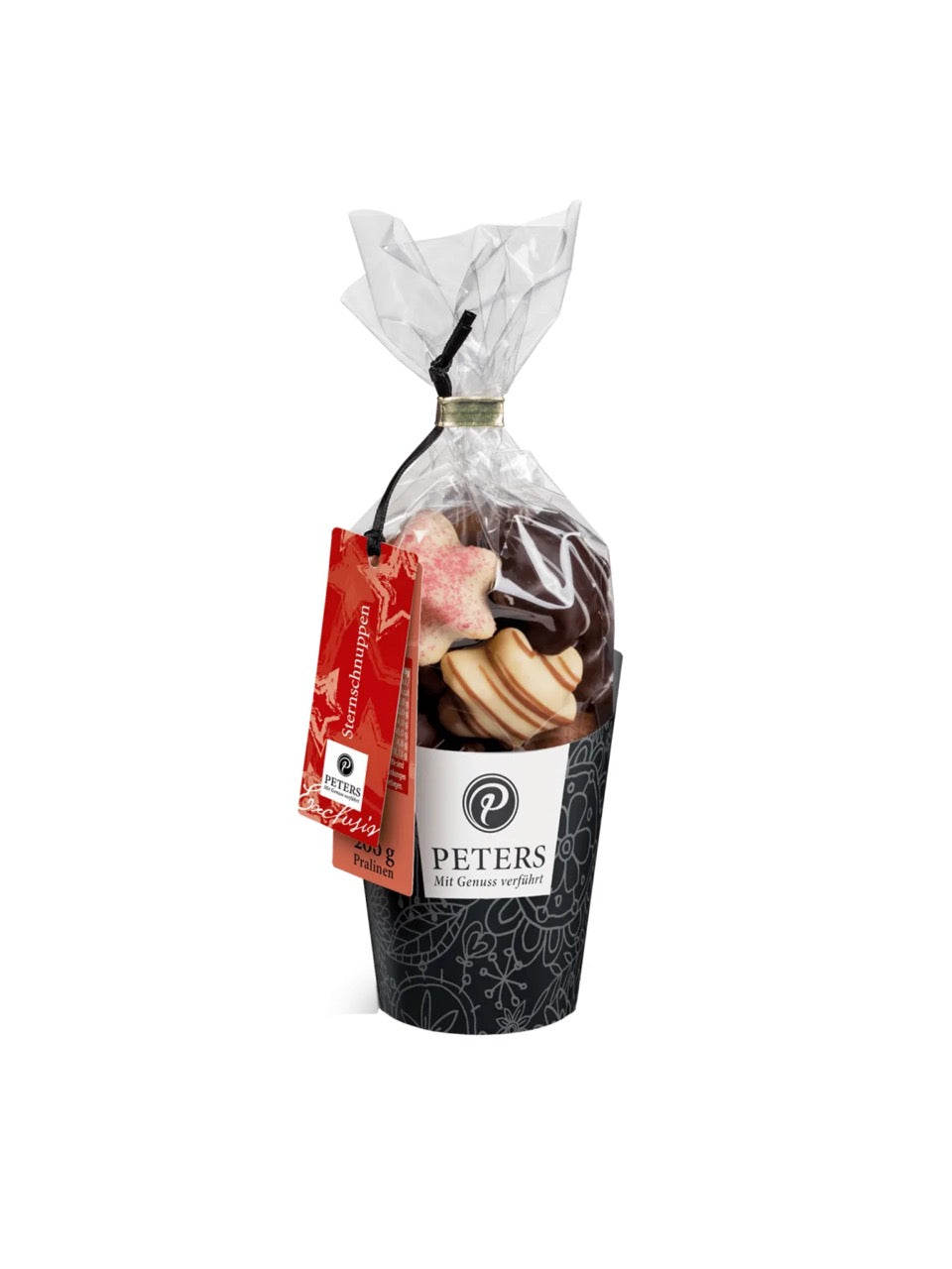 Sternschnuppen 200 g von Peters Pralinen – festliche Trüffelmischung in Sternform mit Klassikern wie Eierlikör-, Calvados-, Rum-, Kir Royal- und Zimt-Trüffel, erhältlich in der Dreyer Confiserie in der Rattenfängerstadt Hameln.